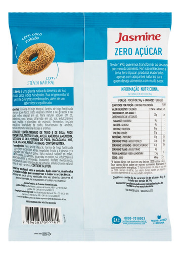 Biscoito Rosquinha Integral Coco Zero Açúcar Jasmine Pacote 150g