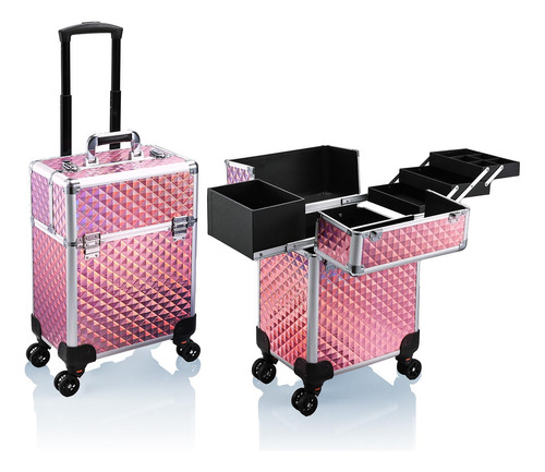 Stagiant - Maletín De Maquillaje Con 4 Bandejas Con Riel D. Color Rosado