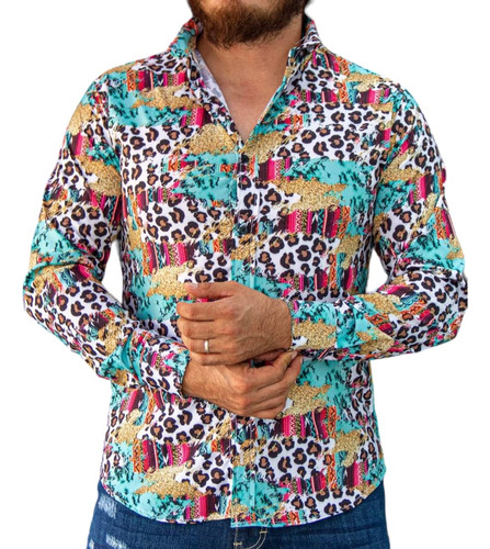 Camisa Manga Larga Blanca Animal Print Con Colores