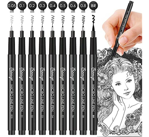 Bianyo Black Micro-pen Fineliner Ink Pens, Water Resistant A