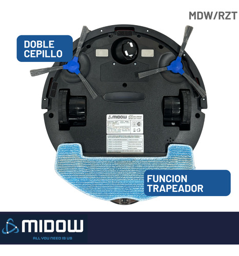 Aspiradora Robot Midow Wifi Smart Trapeador 3 Modos Limpieza Base Recarga Automatica Negro