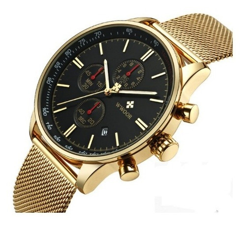 Relógio Masculino Grande Dourado Luxo Original Inox + Brinde