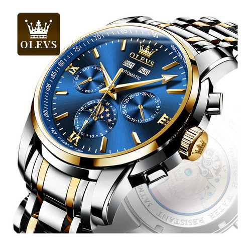 Olevs Relojes Luminosos Mecánicos Cronógrafo Para Hombre Color del fondo Silver Gold Blue