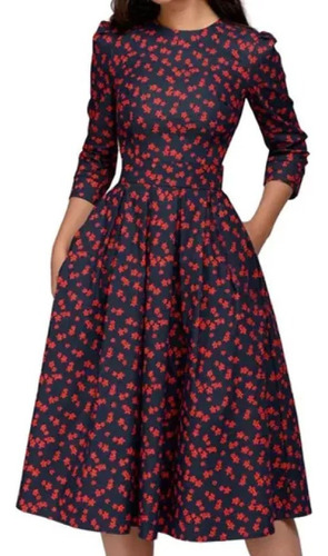 Vestido Femenino Floral Vintage Elegante Midi Para Noche 3/4