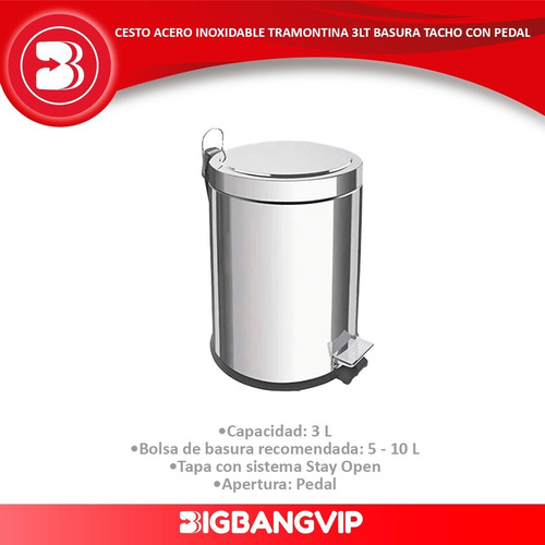 Imagen 2 de 6 de Cesto Acero Inoxidable Tramontina 3lt Basura Tacho Con Pedal