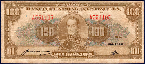 Billete De 100 Bolívares A6 Diciembre 02 1941 Simón Bolívar