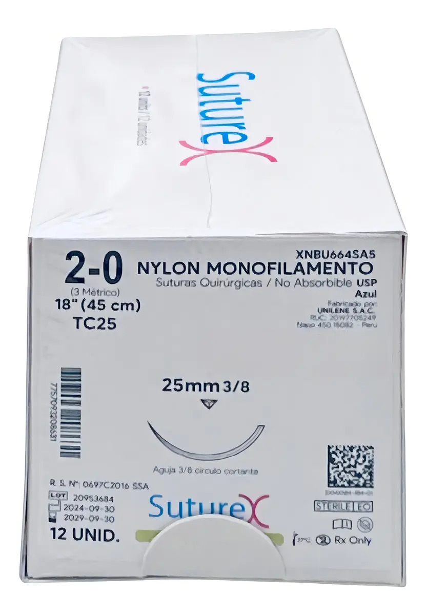 Sutura Nylon 2-0 Cortante 3/8 De 25mm Caja/12 Pz Suturex