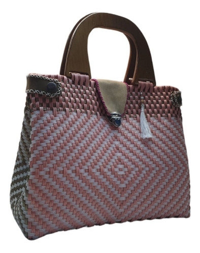 Bolso Tejido A Mano Auténtico Colorido Artesanal Toquilla Color Rosa