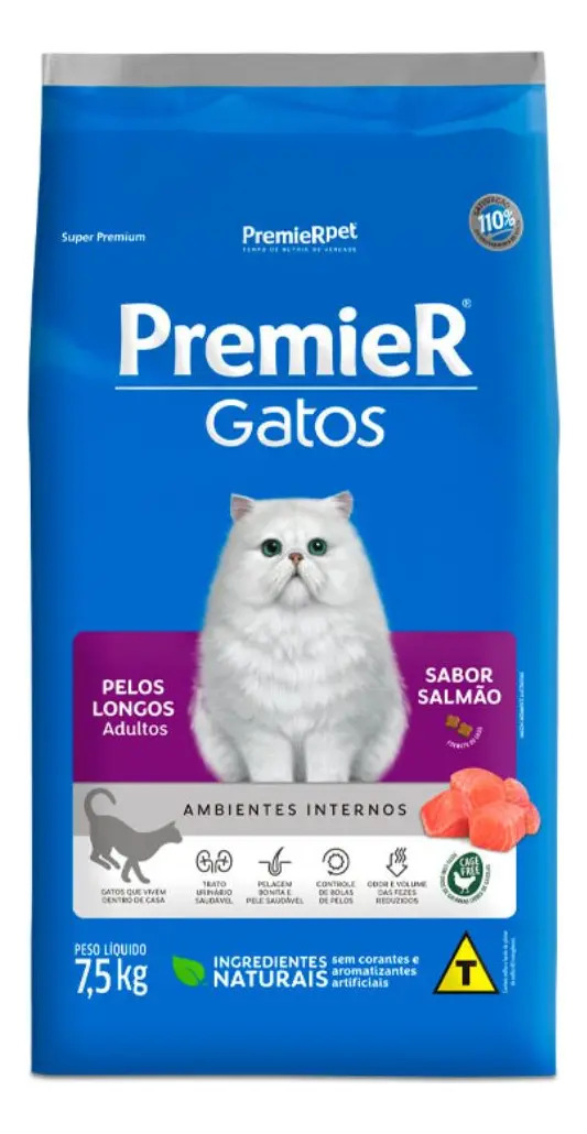 Ração Seca Gato Adulto Premier Super Premium Pelos Longos Sabor Frango 7.5kg