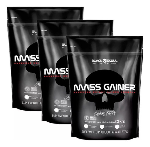 Kit 3x Mass Gainer 3kg Cada - Caveira Preta - Sabores Sabor 2morango/1chocolate