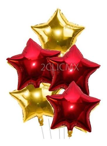 Globos Metalicos Estrella Rojo Y Dorado 45 Cm Set 5 Piezas