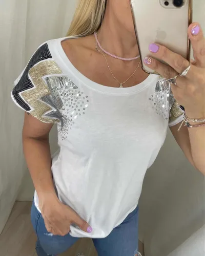 Remera Con Brillos Lentejuelas Bordadas Mujer The Big Shop 4.950