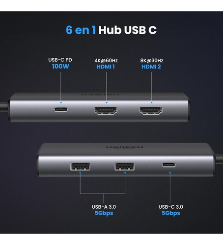 Hub Usb-c 6 En 1 Ugreen 2 Usb-a, 2 Usb-c, 2 Hdmi 4k/60hz