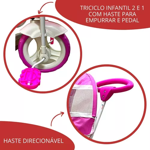 Triciclo Motoca Infantil Passeio c/ Empurrador Pedal Luz Som