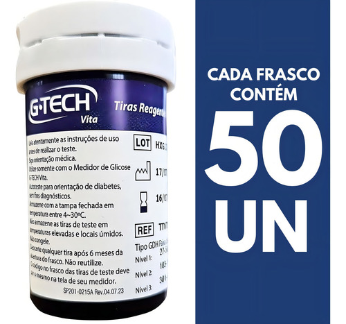 50 Tiras G- Tech Vita De Teste Glicemia Compatível Com Aparelho G-tech Vita Cor Preto Branco