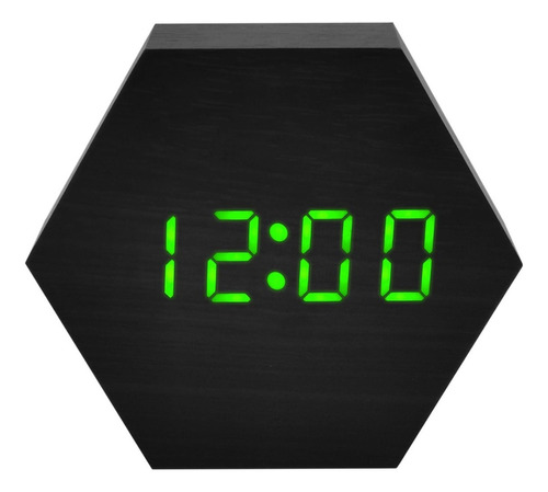 Reloj Y Despertador Minimalista Madera Led Digital Hexágono Color Negro Con Verde