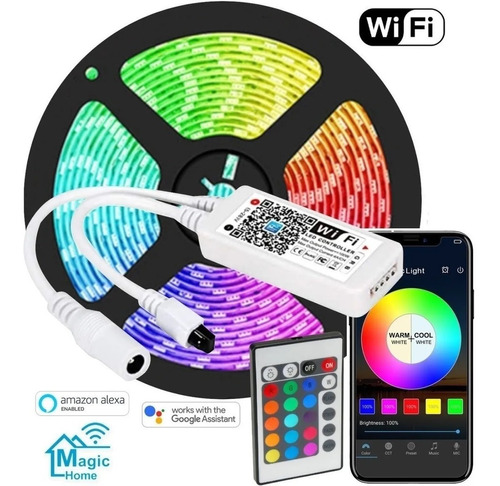 Cinta Led Wifi Rgb Multicolor Con Adaptador Y Control X 5mts