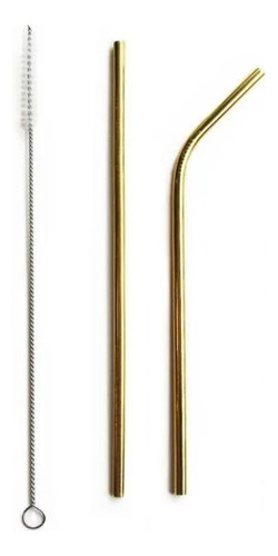 Kit2 Canudos De Metal 1 Reto 1 Curvado Inox 1 Escova Limpeza