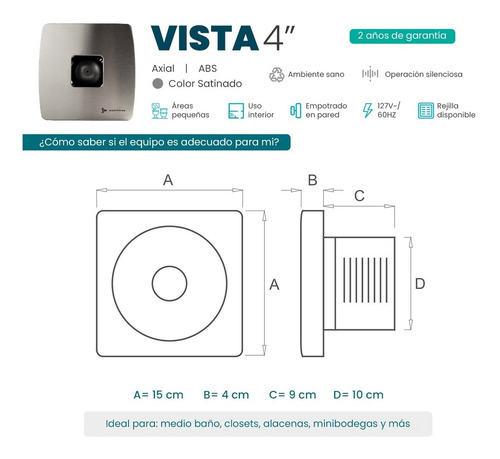 Imagen 3 de 8 de Extractor De Aire Vista 4 Pulgadas Satinado Masterfan
