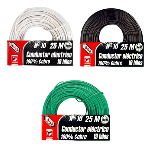 Cable Electrico Iusa Cobre Thw Calibre #10 25mts (3 Rollos)