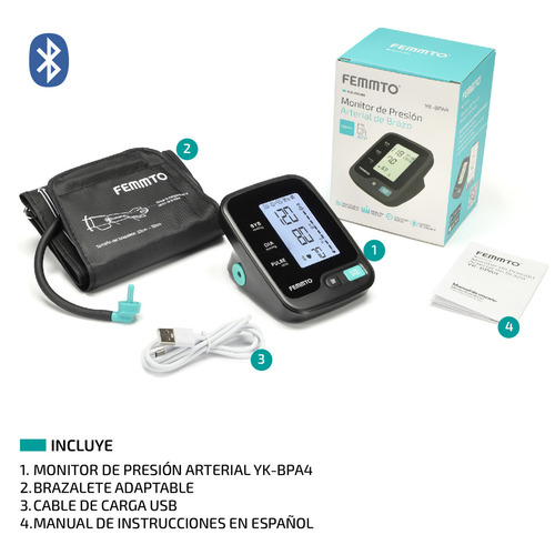 Tensiometro Brazo Bluetooth Monitor Presion Arterial Digital Bateria Recargable Usb Retroiluminado Femmto Bpa4