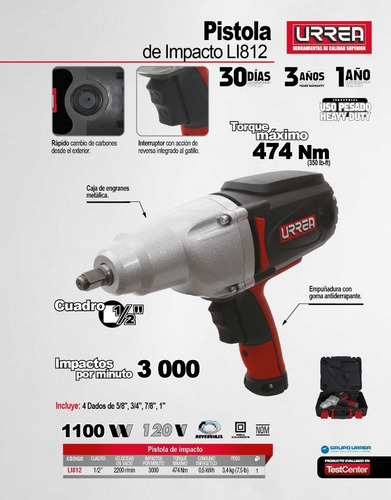 Pistola De Impacto Eléctrica Y Dados 1/2 1100 W Urrea Li812