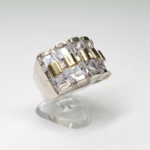 Imagen 5 de 10 de Anillo Plata Y Oro 2 Hileras Piedras Cuadradas Cubic