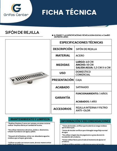 Imagen 2 de 4 de Rejilla Sifón Piso 40cm X 10cm Ranurada Acero 304
