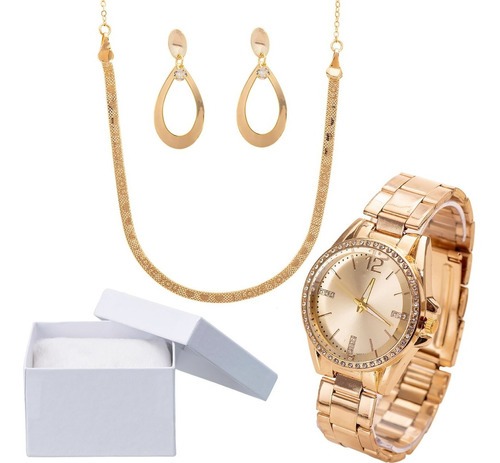 Exclusivo Relógio Feminino Dourado + Kit  Colar Brinco Top