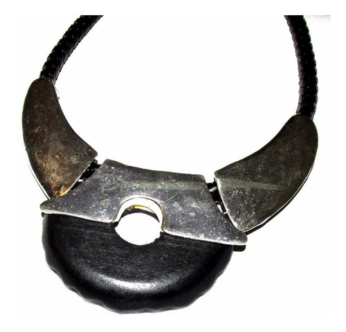 Collar Rústico/madera/metal Plateado Negro Ancho/