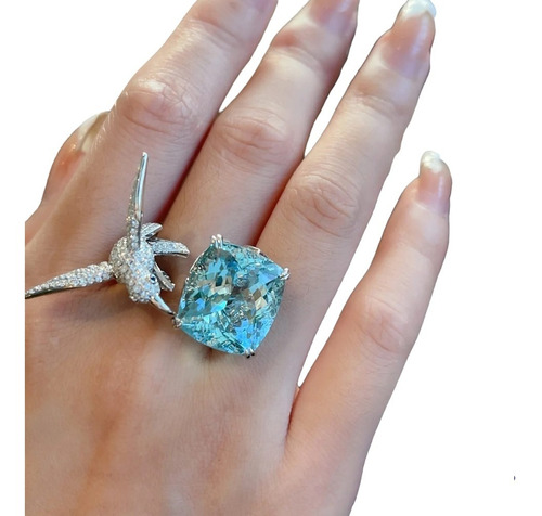 Anillo Colibrí Azul  Ángel Alas Corazón Cristal Novia Mamá 