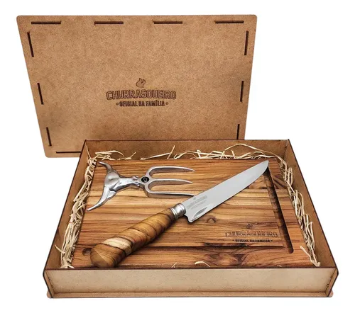 Kit Churrasco Personalizado Tábua Corte Faca ​Garfo Com Caixa