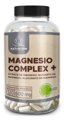 Magnesio Citrato Glicinato Y Gluconato Raíces Zen 120 Cáp Sabor Sin Sabor