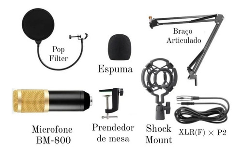 Kit Microfone Condensador Lorben Bm800 Cabo Xlr/p2 Top Cor Preto Dourado