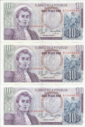 Colombia Trío Consecutivo 10 Pesos 1979