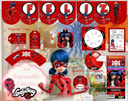 Kit Imprimible Prodigiosa Ladybug Candy Banderines Cotillon