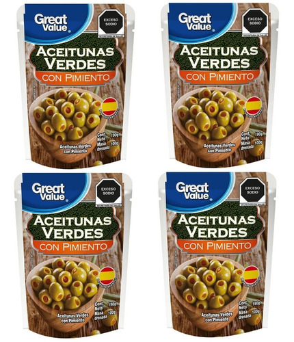 4 Aceitunas Verdes Great Value Con Pimiento 190g C/u