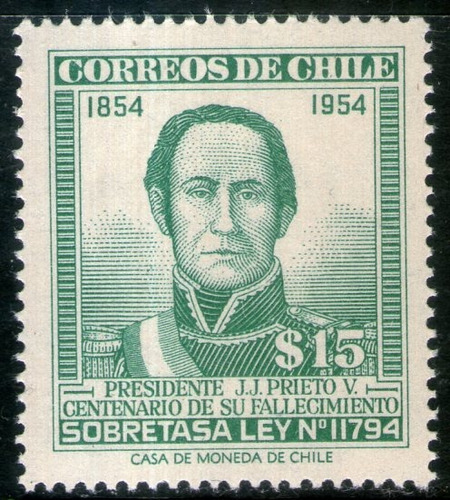 Chile Sello Mint 100° Sobretasa Pte. J. Prieto Año 1957 