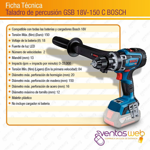 Imagen 8 de 10 de Taladro Percutor Inalambrico Bosch Brushless 150nm + Bat 4ah