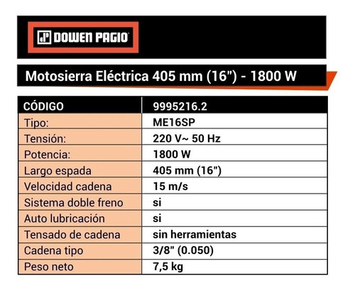 Motosierra Eléctrica 1800 W 405 Mm Dowen Pagio 9995216.2 Color Naranja