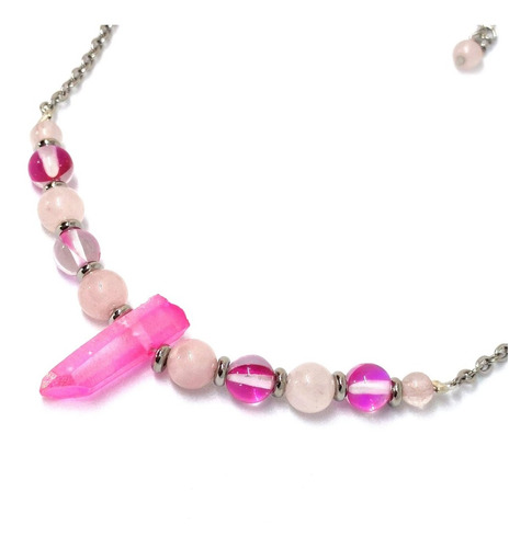 Collar Con Punta De Cuarzo Aura Ángel Y Cuarzo Rosa Acero Qi