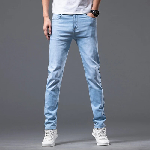 Vaqueros Ajustados De Color Azul Cielo Para Hombre, Modernos