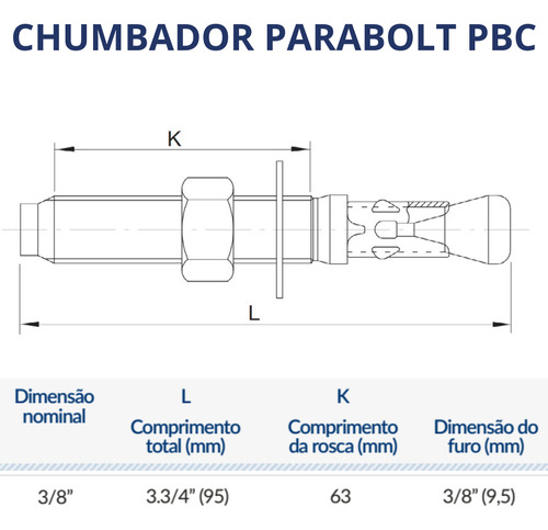 Chumbador Aço Inox 3/8 X 3.3/4 Parabolt 9,5 X 95mm - 10 Un.