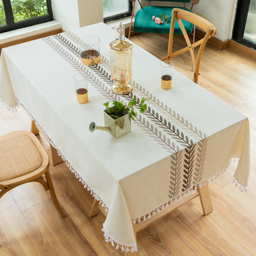 Mantel Moderno Con Borlas Bordadas De Lino Y Algodón