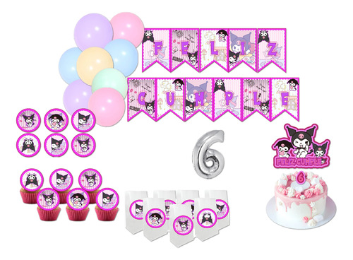 Globos Combo De Kuromi, Banderin, Bolsitas, Para 10 Niños