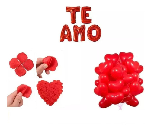 San Valentín 25 Globos Corazón 200 Pétalos De Rosa + Te Amo