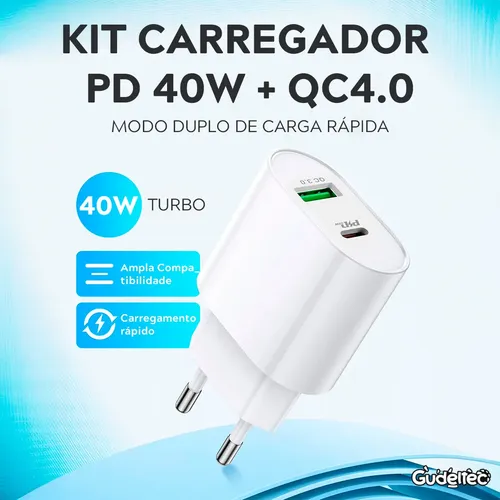 Carregador Turbo Duplo 45w Usb + Tipo C Qc 4.0 Pd 3.0 Bivolt Para...