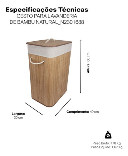 Conthey cesto de roupas organizador bambu com tampa 65l cor natural