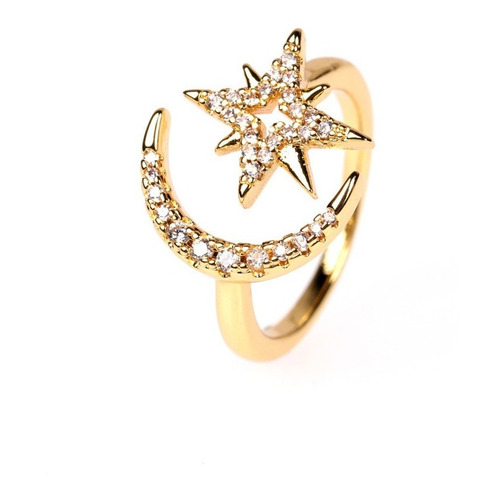 Imagen 2 de 6 de Anillo Luna Estrella Ajustable Baño De Oro 18k