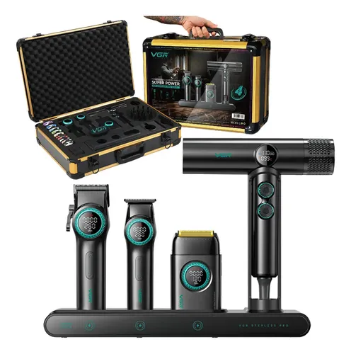 Maquina de Cortar Pelo Set Premium Barbería Maletin Clipper, Trimmer Shaver Secador V-001 PRO Negro